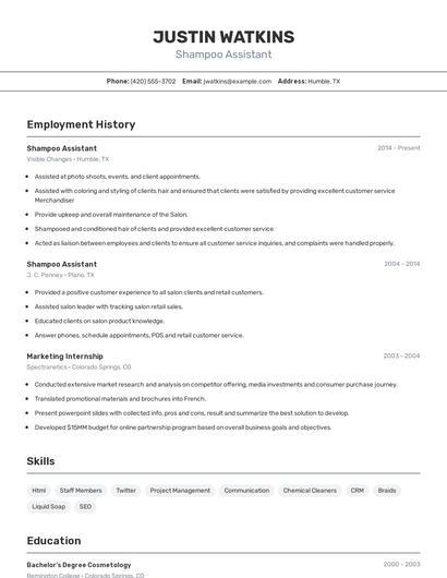 Shampoo Assistant Resume
