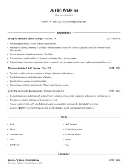 Shampoo Assistant Resume