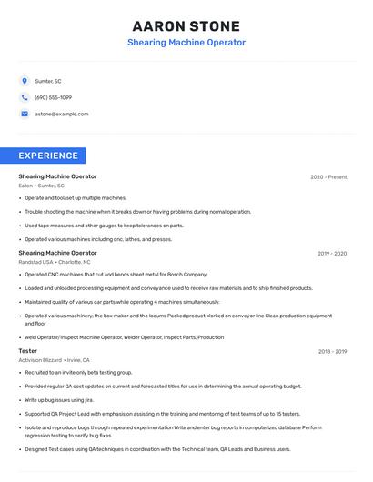 Shearing Machine Operator Resume
