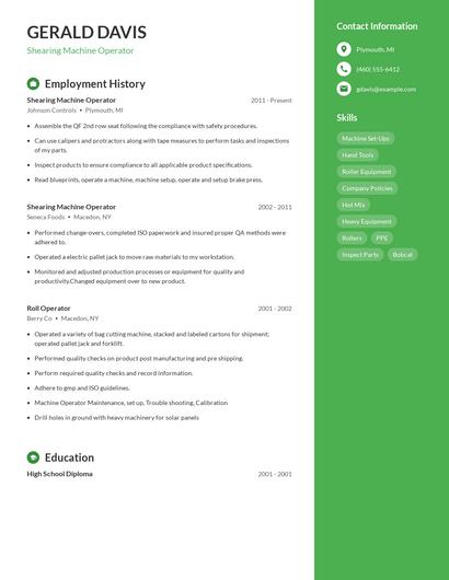 Shearing Machine Operator Resume
