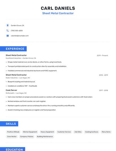 Sheet Metal Contractor Resume