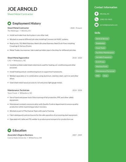 Sheet Metal Contractor Resume