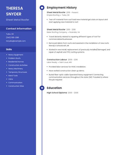Sheet Metal Roofer Resume