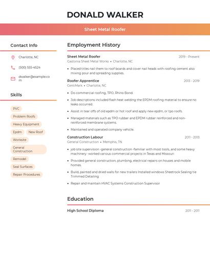 Sheet Metal Roofer Resume