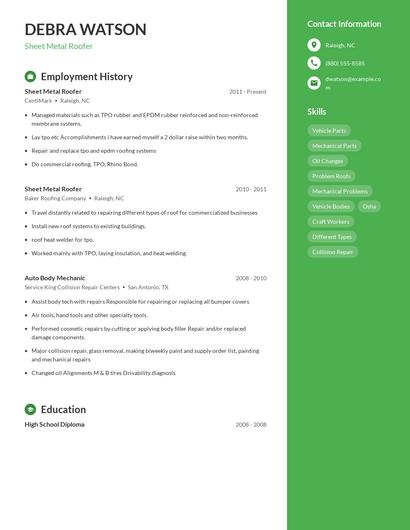 Sheet Metal Roofer Resume