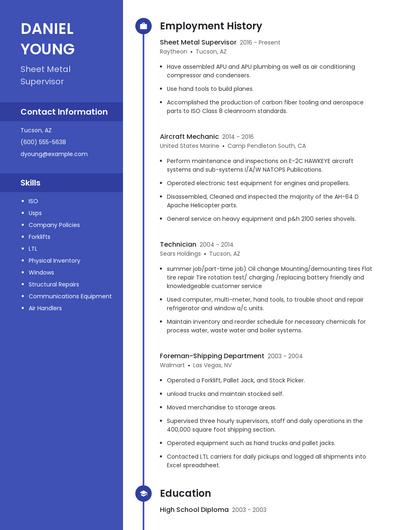 Sheet Metal Supervisor Resume