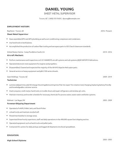 Sheet Metal Supervisor Resume