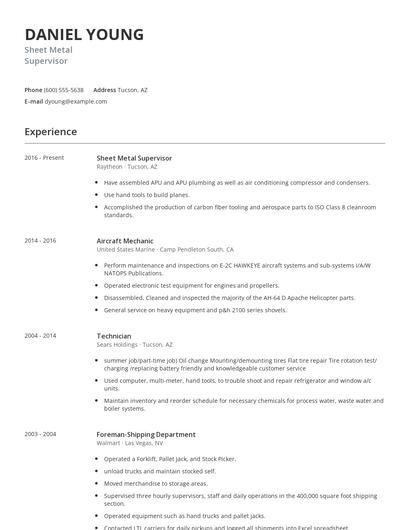 Sheet Metal Supervisor Resume