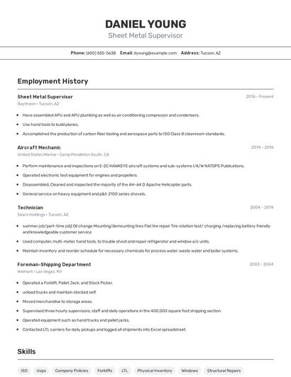 Sheet Metal Supervisor Resume