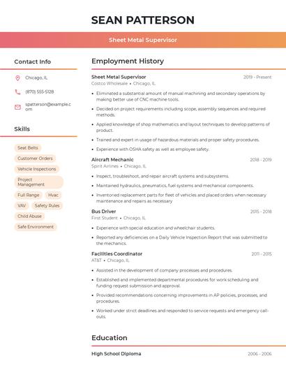 Sheet Metal Supervisor Resume