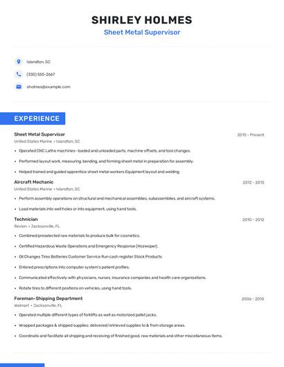 Sheet Metal Supervisor Resume