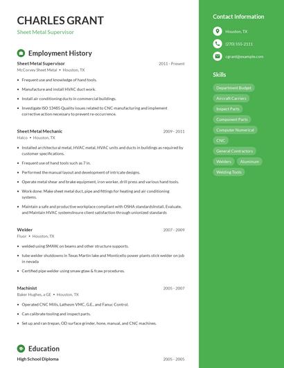 Sheet Metal Supervisor Resume
