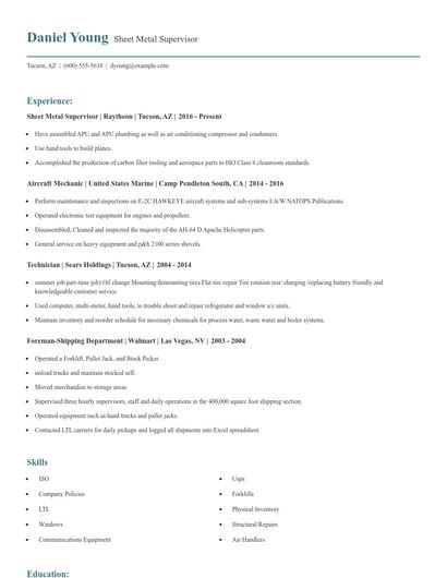 Sheet Metal Supervisor Resume