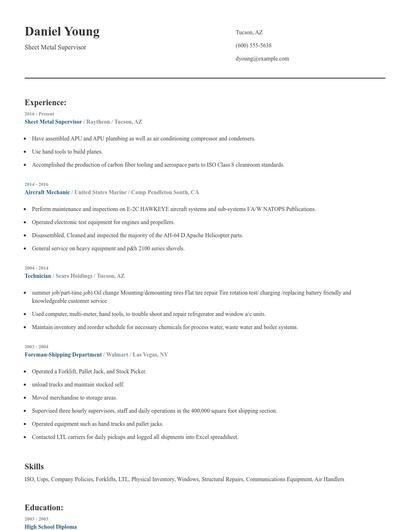 Sheet Metal Supervisor Resume