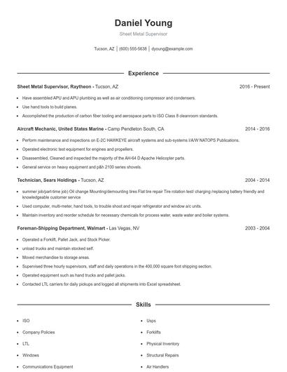 Sheet Metal Supervisor Resume