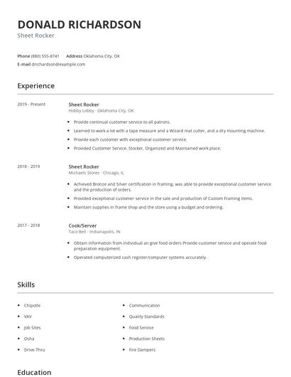 Sheet Rocker Resume