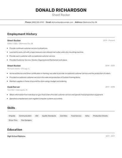 Sheet Rocker Resume