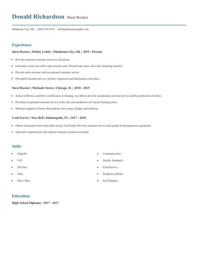Sheet Rocker Resume