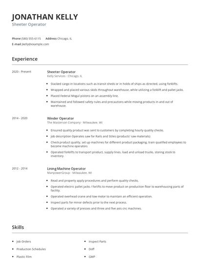 Sheeter Operator Resume