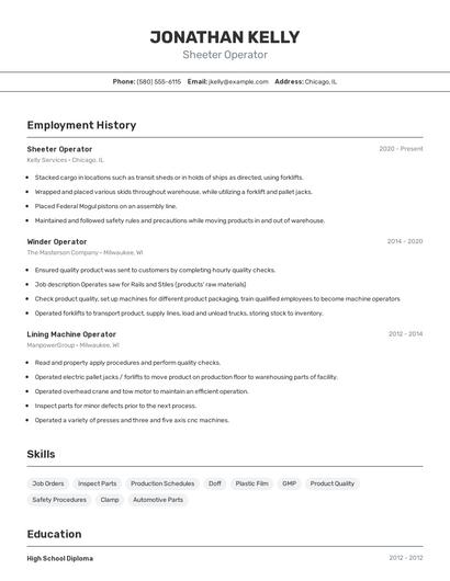 Sheeter Operator Resume