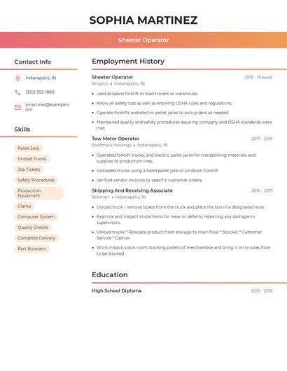 Sheeter Operator Resume
