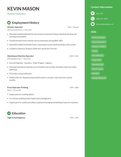 Sheeter Operator Resume