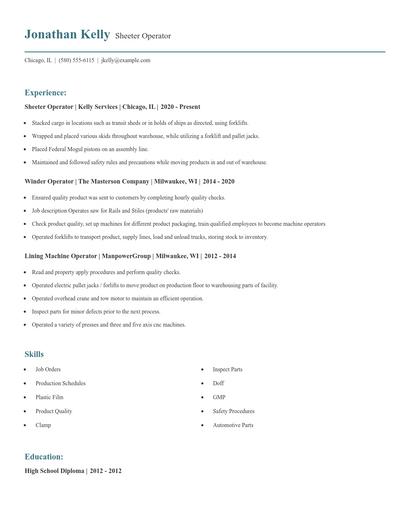 Sheeter Operator Resume