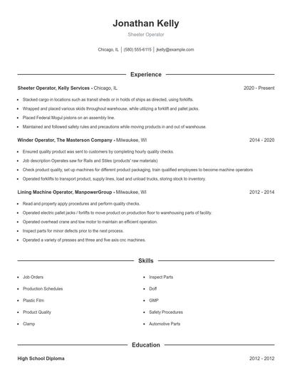 Sheeter Operator Resume