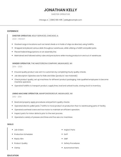 Sheeter Operator Resume