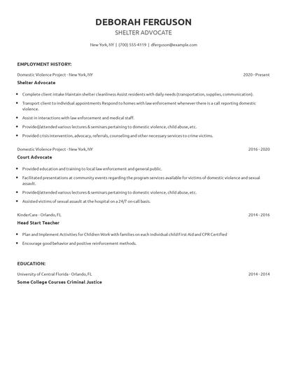 Shelter Advocate Resume