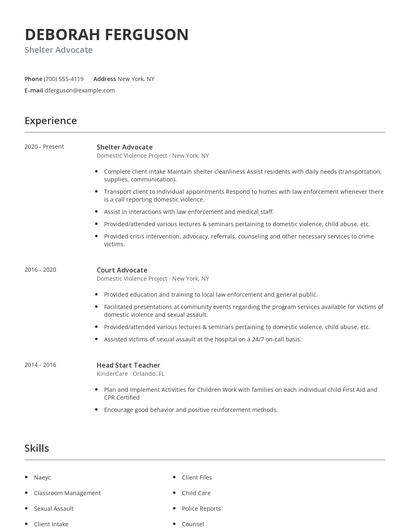 Shelter Advocate Resume