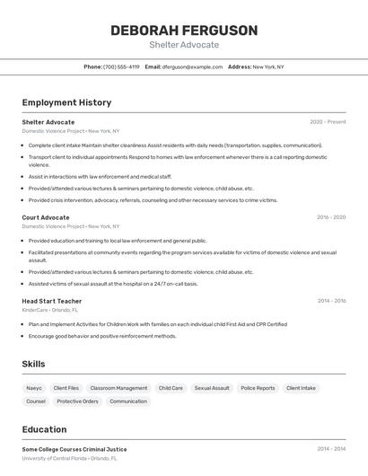 Shelter Advocate Resume