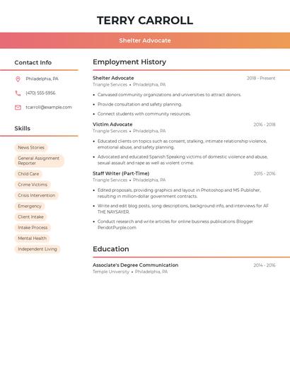Shelter Advocate Resume