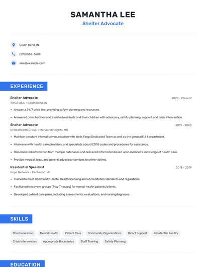 Shelter Advocate Resume
