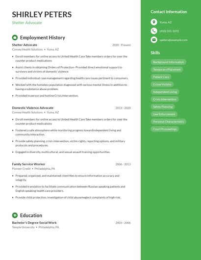 Shelter Advocate Resume
