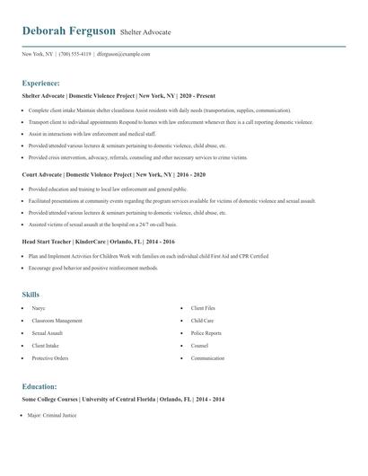 Shelter Advocate Resume