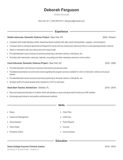 Shelter Advocate Resume