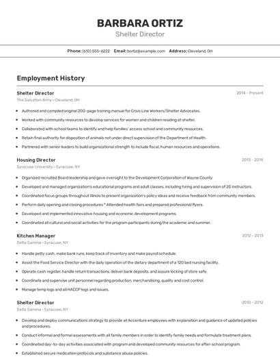 Shelter Director Resume