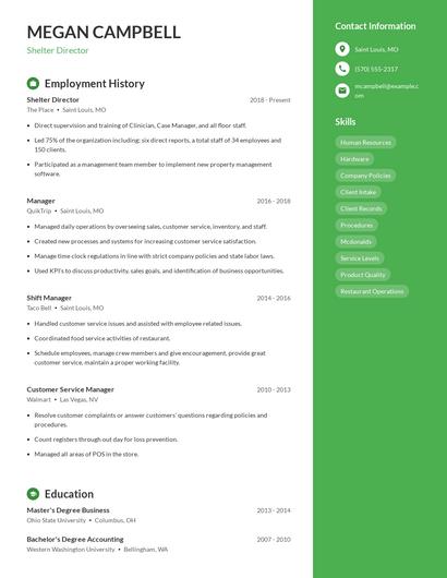 Shelter Director Resume