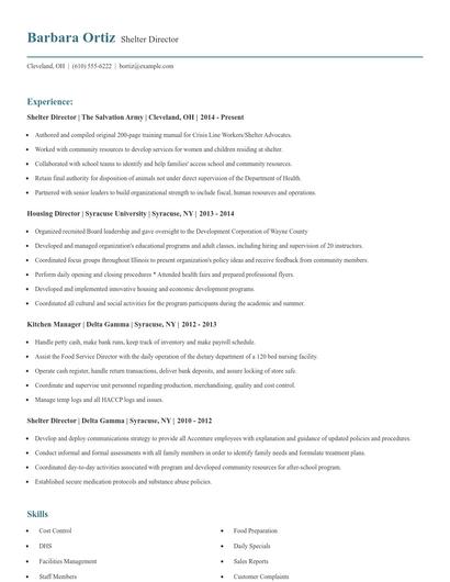 Shelter Director Resume