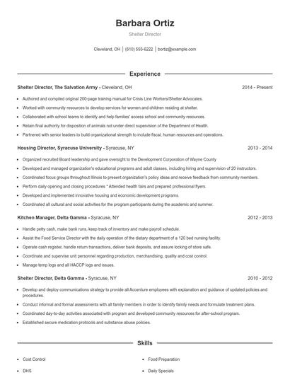 Shelter Director Resume