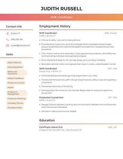 Shift Coordinator Resume