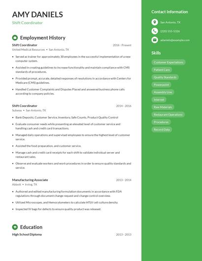 Shift Coordinator Resume
