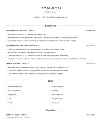 Shift Coordinator Resume
