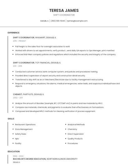 Shift Coordinator Resume