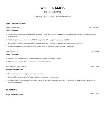 Shift Foreman Resume