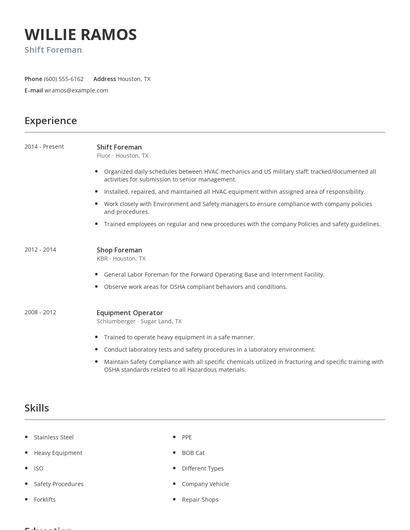 Shift Foreman Resume