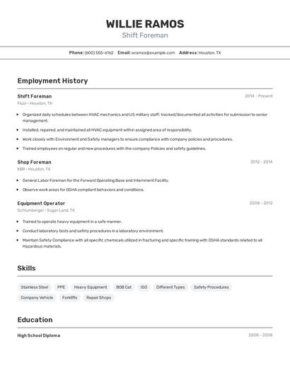 Shift Foreman Resume