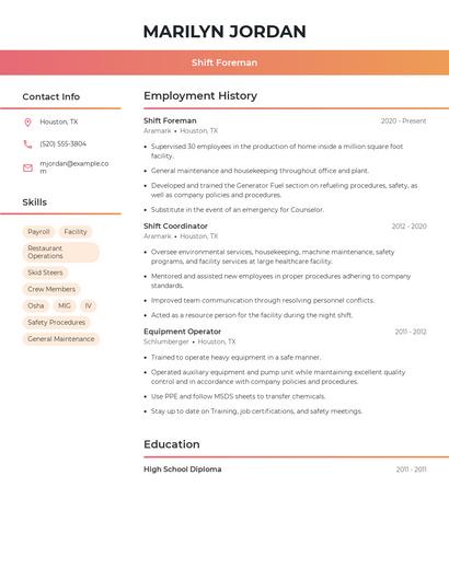 Shift Foreman Resume