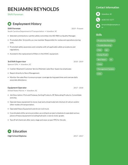 Shift Foreman Resume